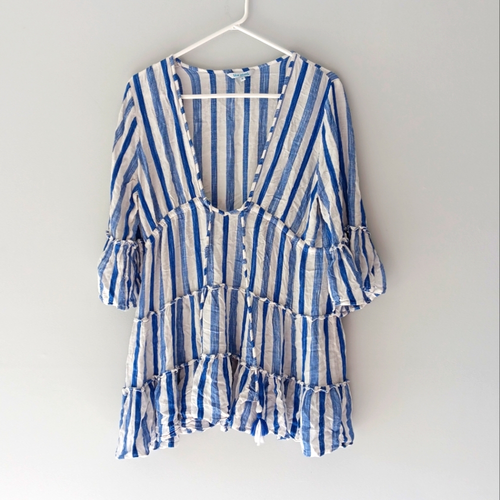 Blue Island Swim Coverup Dress Blue White Stripe Plunging Neckline Tassels Small